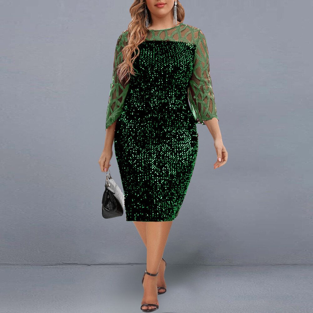 Plus Size Dresses Elegant Sequin Slim Party Dress for Women 2022 Summer Mesh Short Sleeve Midi Evening Club Dress Casual Outfits