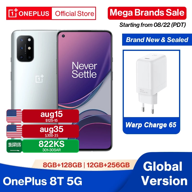 Global Version OnePlus 8T 8 T 8GB 128GB Snapdragon 865 5G Smartphone 120Hz AMOLED Screen OnePlus Official Store Warp Charge 65