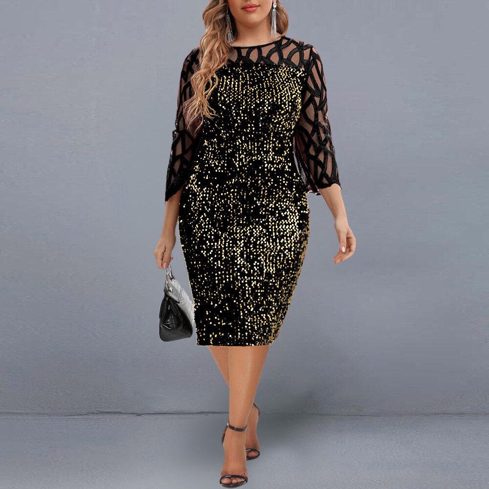 Plus Size Dresses Elegant Sequin Slim Party Dress for Women 2022 Summer Mesh Short Sleeve Midi Evening Club Dress Casual Outfits