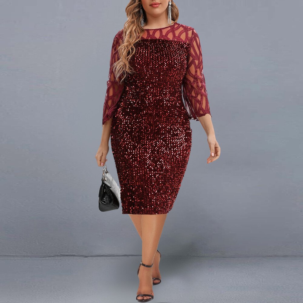 Plus Size Dresses Elegant Sequin Slim Party Dress for Women 2022 Summer Mesh Short Sleeve Midi Evening Club Dress Casual Outfits