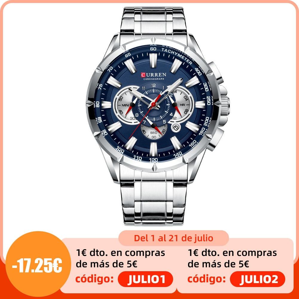 CURREN New Casual Sport Chronograph Men's Watches Stainless Steel Band Wristwatch Big Dial Quartz Clock with Luminous Pointers