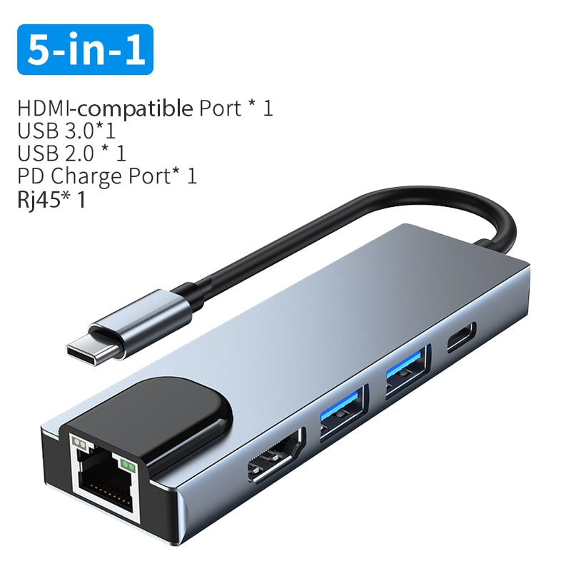 USB C Hub Type C To HDMI-Compatible RJ45 5 6 8 11 Ports Dock with PD TF SD AUX Usb Hub 3 0 Splitter For MacBook Air Pro PC HUB