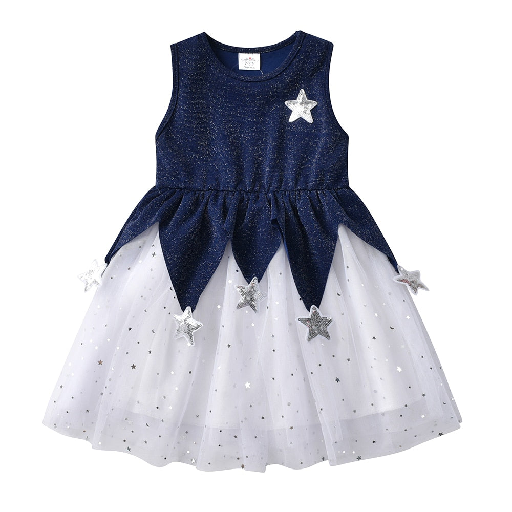 VIKITA Girls Sleeveless Summer Dress Kids Star Sequined Party Shiny Dress Children Mesh Elegant Princess Casual Costumes 3-8Yrs