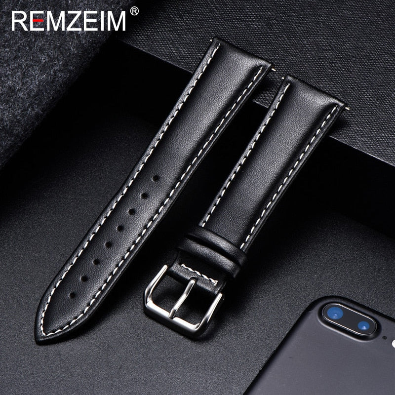 REMZEIM Calfskin Leather Watchband Soft Material Watch Band Wrist Strap 18mm 20mm 22mm 24mm With Silver Stainless Steel Buckle