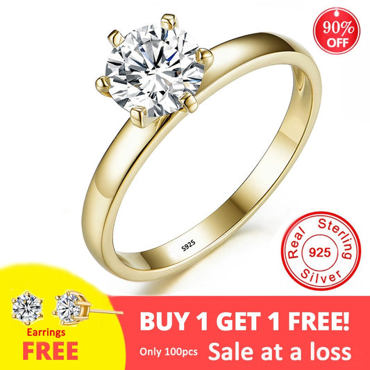 Classic Yellow Gold Color Tibetan Silver Ring Luxury Solitaire 6mm 1 Carat CZ Zircon Wedding Band Never Fade Jewelry