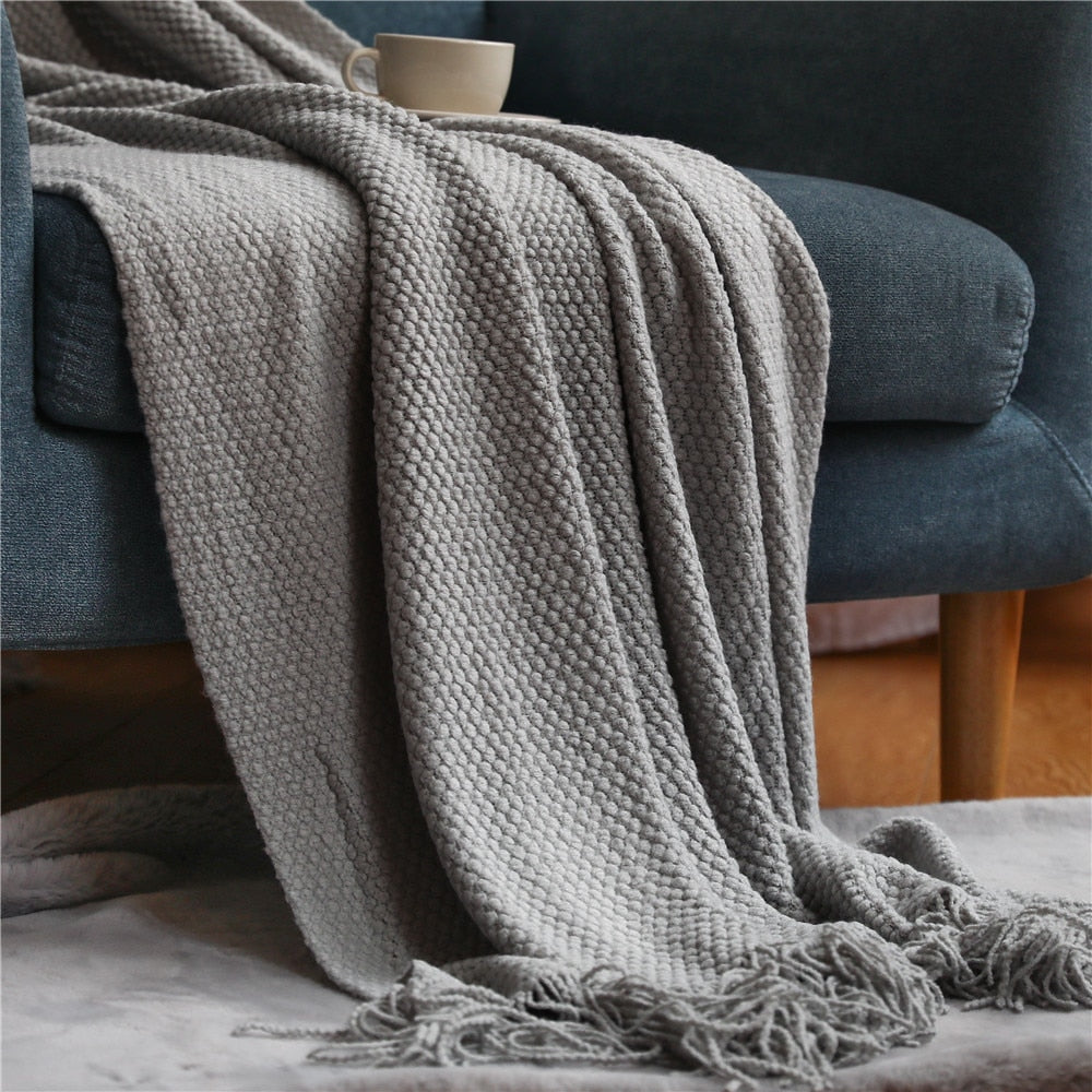 Textile City Home Decorative Thickened Knitted Blanket Corn Grain Waffle Embossed Winter Warm Tassels Throw Bedspread 130x240cm