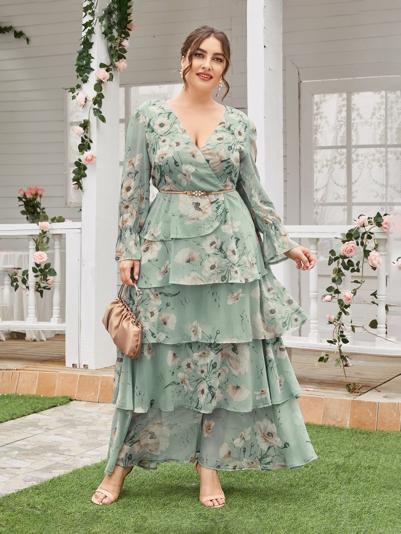 TOLEEN Women Large Plus Size Maxi Dresses 2022 Spring Green Casual Chic Elegant Long Sleeve Floral Party Evening Female Clothing