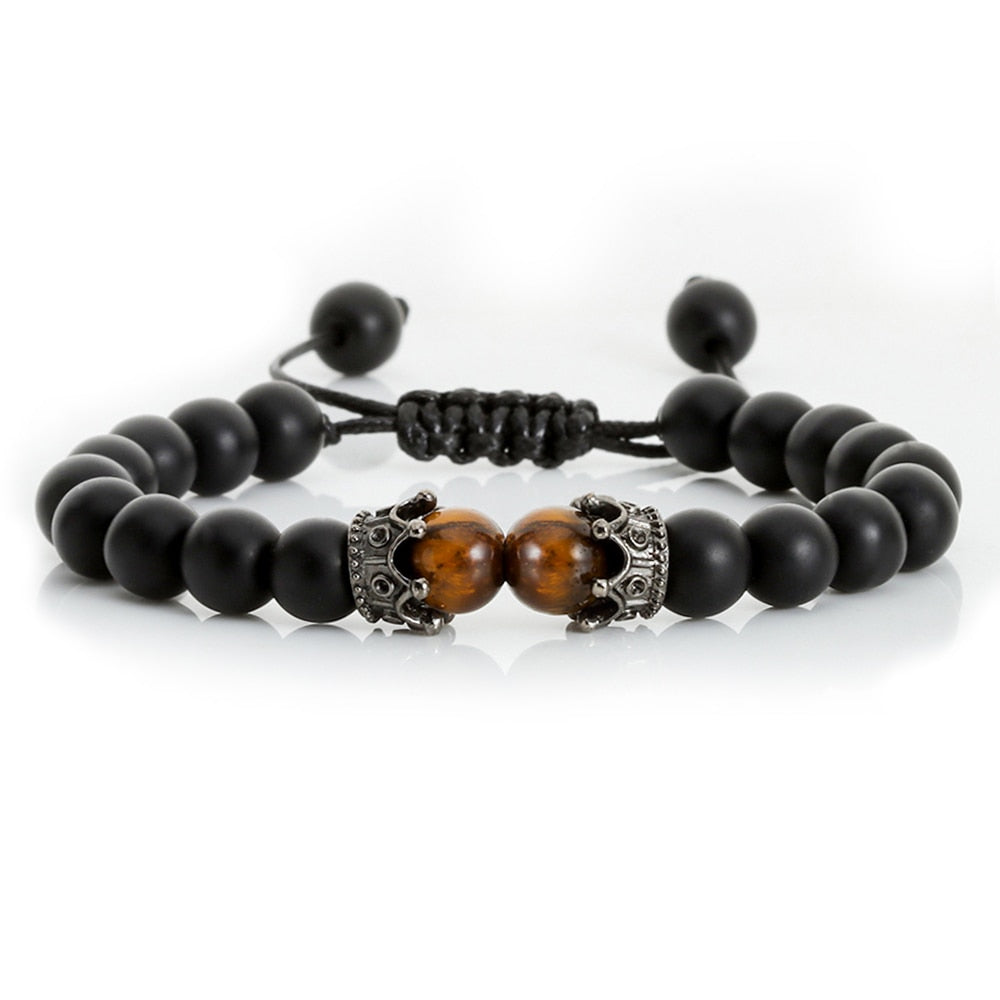 Black Lava Stone Crown Charm Tiger Eye Beads Bracelet For Men Women Braided Bracelets Handmade Adjustable Jewelry Pulseira