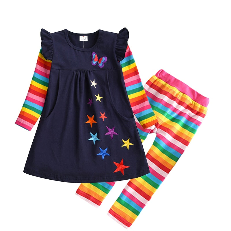 VIKITA Kids Autumn Spring Clothing Sets for Girl Children Butterfly Star Embroidery Cotton Dress and Slim Leggings Girls Outfit