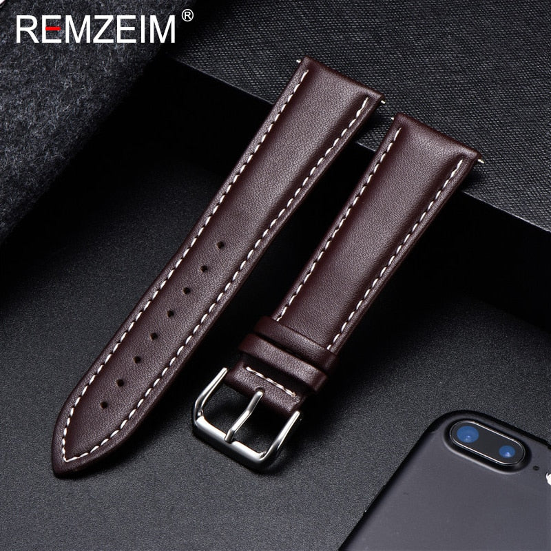 REMZEIM Calfskin Leather Watchband Soft Material Watch Band Wrist Strap 18mm 20mm 22mm 24mm With Silver Stainless Steel Buckle