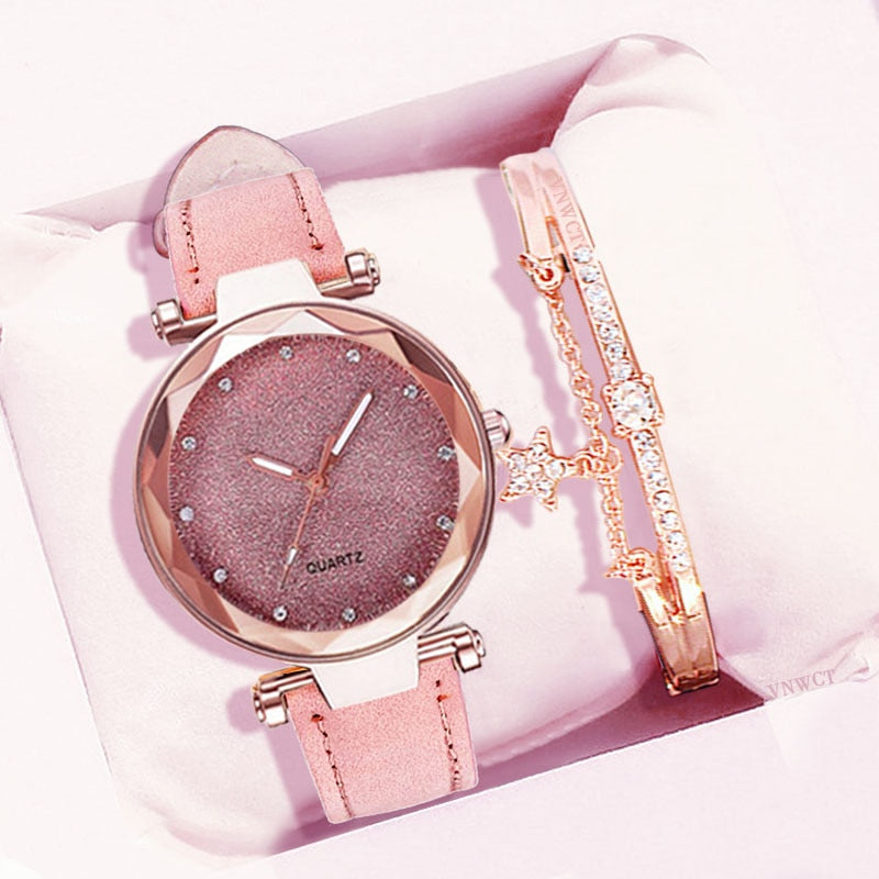 Casual Women Romantic Starry Sky Wrist Watch bracelet Leather Rhinestone Designer Ladies Clock Simple Dress Gfit  Montre Femme