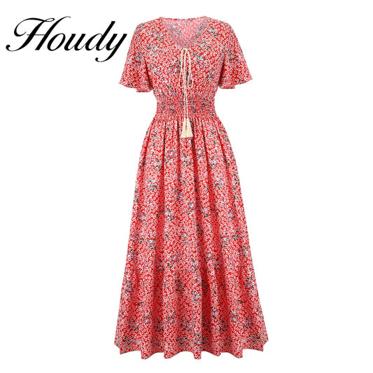 2022 New Spring Summer Dot Print Red Dressv Collar Women Casual Butterfly Sleeve Ruffles Medium Long Chiffon Dress Vestidos