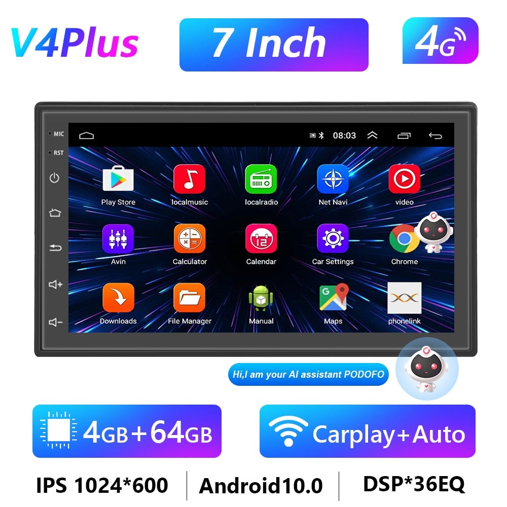 Podofo 8G 128G Car Radio GPS 2 din Android 10.0 Auto Carplay Universal 7" For Volkswagen Nissan Hyundai Toyota Multimedia Player