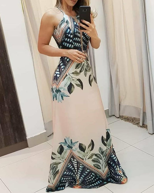 2020 Summer Women Sleeveless Elegant Fashion Party Dresses Vacation Holiday Tripical Print Spaghetti Strap Maxi Dress