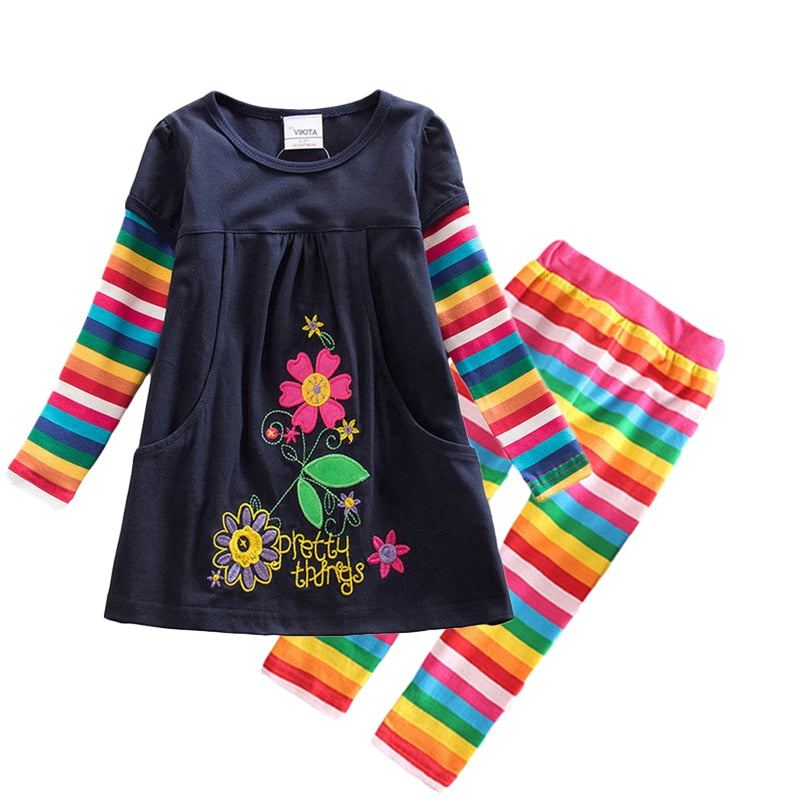 VIKITA Kids Autumn Spring Clothing Sets for Girl Children Butterfly Star Embroidery Cotton Dress and Slim Leggings Girls Outfit