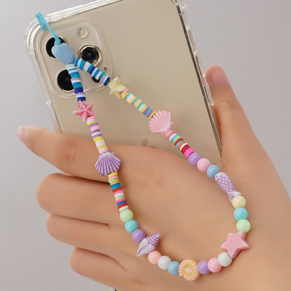 Shinus Heishi Disc Beads Crystal Chain For Phone Mobile Phone Lanyard Smile Cell Phone Chains 2021 LOVE Letter String Wristband