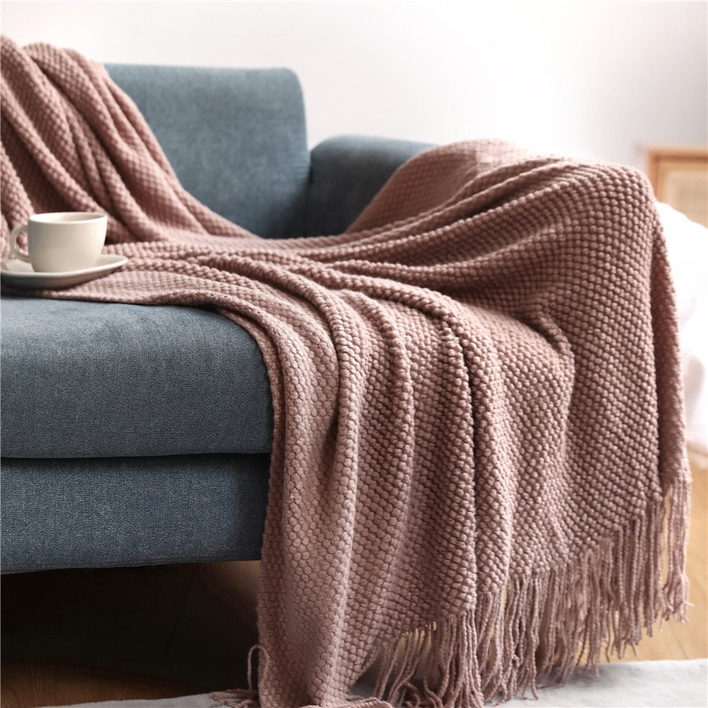 Textile City Home Decorative Thickened Knitted Blanket Corn Grain Waffle Embossed Winter Warm Tassels Throw Bedspread 130x240cm