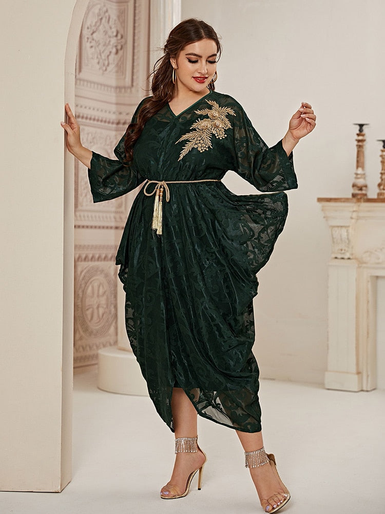 TOLEEN Women's Plus Size Midi Dresses 2022 Spring Green Belt Large Luxury Elegant Muslim Evening Party Wedding Festival Clothing