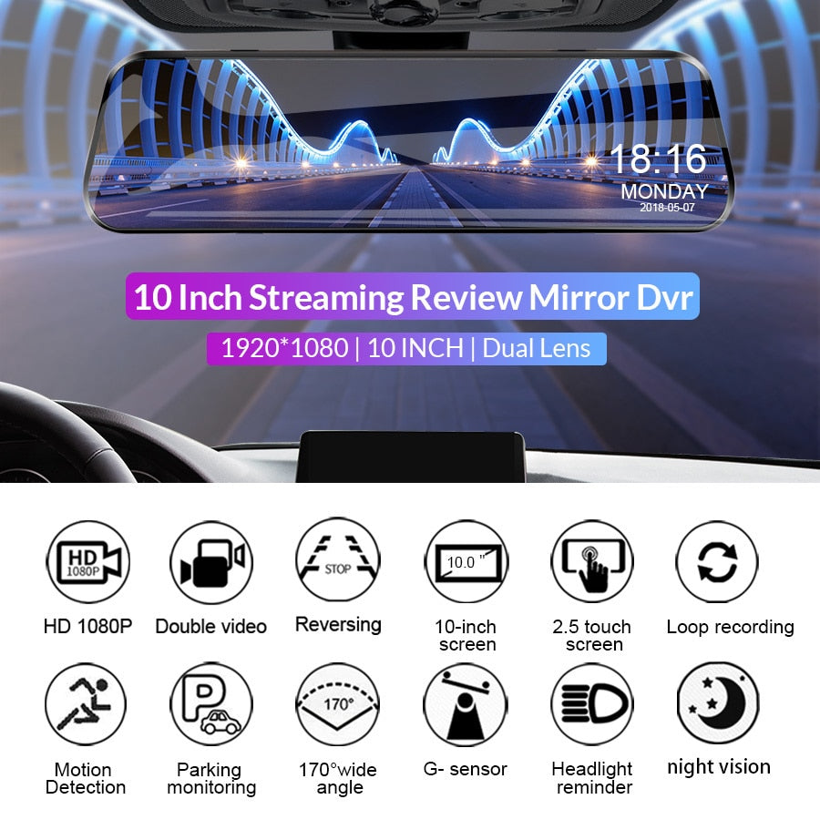 Car DVR Touch Screen Stream Media Dual Lens Video Recorder Rearview mirror Dash cam Front and Rear camera Mirror Black box