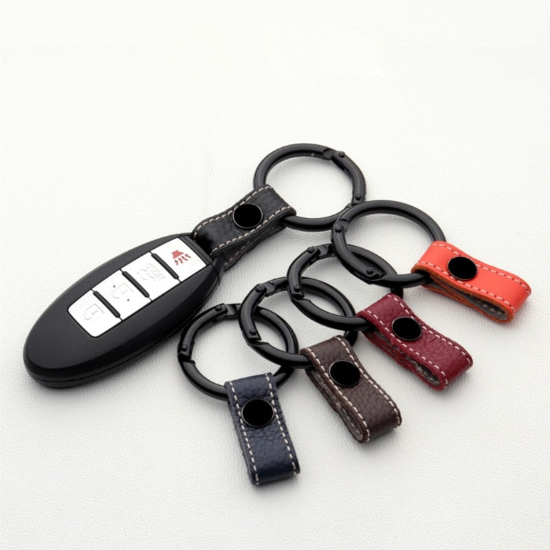 1pc Universal Car Metal Keyring Car Key Holder With Genuine Leather Lanyard Fashionable Keychain Keyring