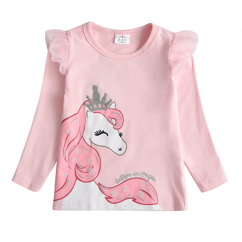 VIKITA Girls Cotton Tees Tops Unicorn Embroidery Long Sleeve T shirts Children Animals Clothing Autumn Spring Cartoon T shirts