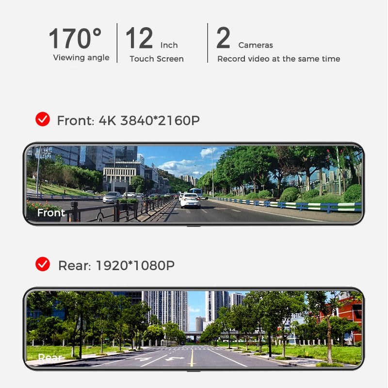 OBDPEAK H6 12" Car DVR 4K 3840*2160P Dash Cam WIFI GPS 415 Rear View Mirror 1080P Car Camera Video Recorder Park Monitor