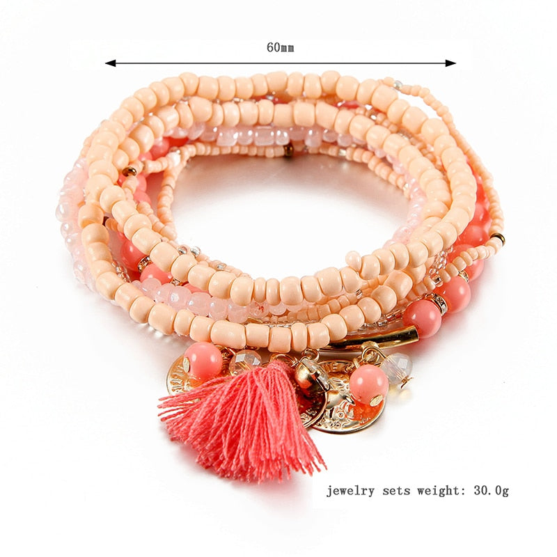 Women Bohemian Jewelry Multilayer Elastic Set Bracelets Bangles With Tassel Gold Coin Glass Beads Charm Wrap Bracelet Femme Gift