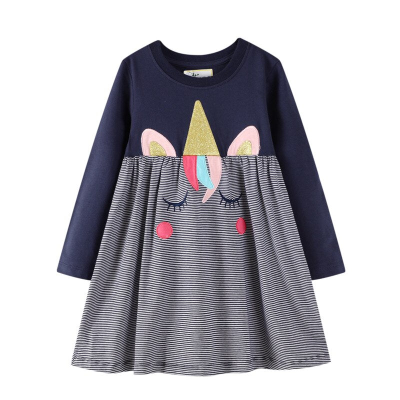 Cat Applique Girls Dresses Cotton Princess Long Sleeve Baby Dress Animals Children Costume Party Cute Girls Dresses