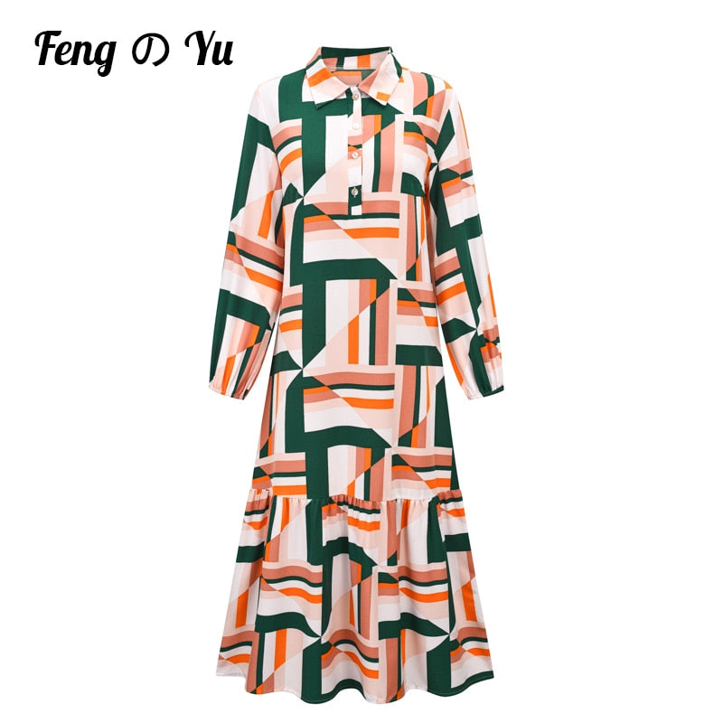 Women's Chic Fashion Button Draped Long Shirt Dress Retro Long-Sleeved Print Stitching Ruffled Shirt Dress Women's Vestidos XL