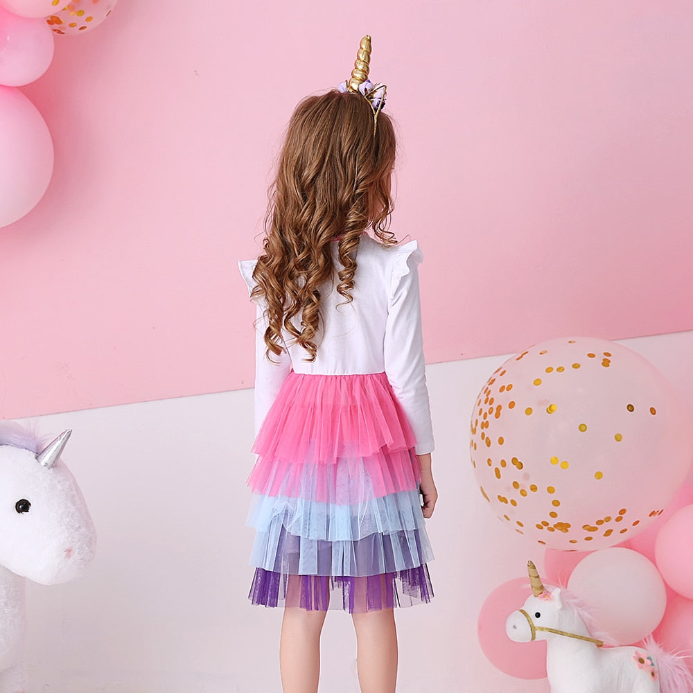 VIKITA Girls Princess Dresses Kids Cartoon Vestidos Children Autumn Dress Kids Dress for Girls Long Sleeve Unicorn Dresses