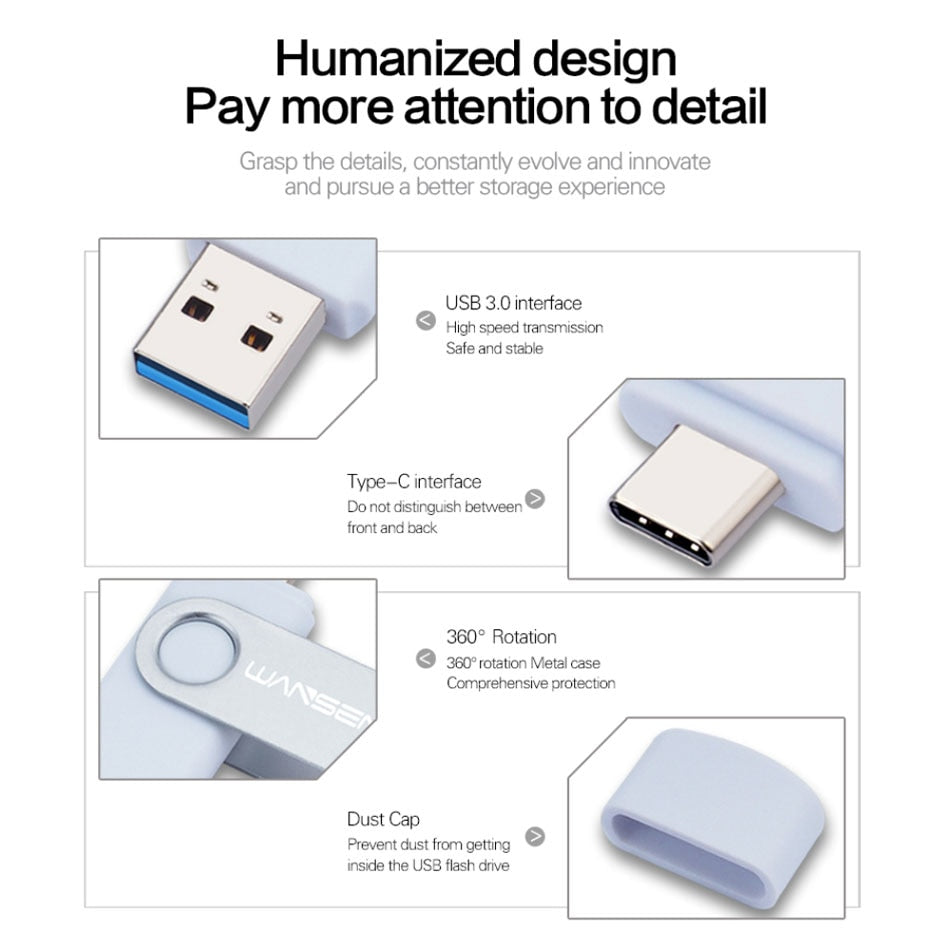 New WANSENDA USB 3.0 TYPE C USB Flash Drive OTG Pen Drive 512GB 256GB 128GB 64GB 32GB 16GB USB Stick 2 in 1 High Speed Pendrive