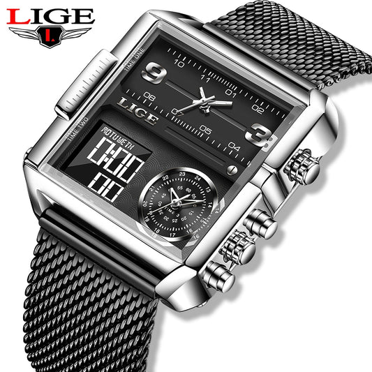 2022 LIGE Digital Watches Mens Top Luxury Brand Waterproof Square Wrist Watch Men Quartz Military Sports Watch Relogio Masculino