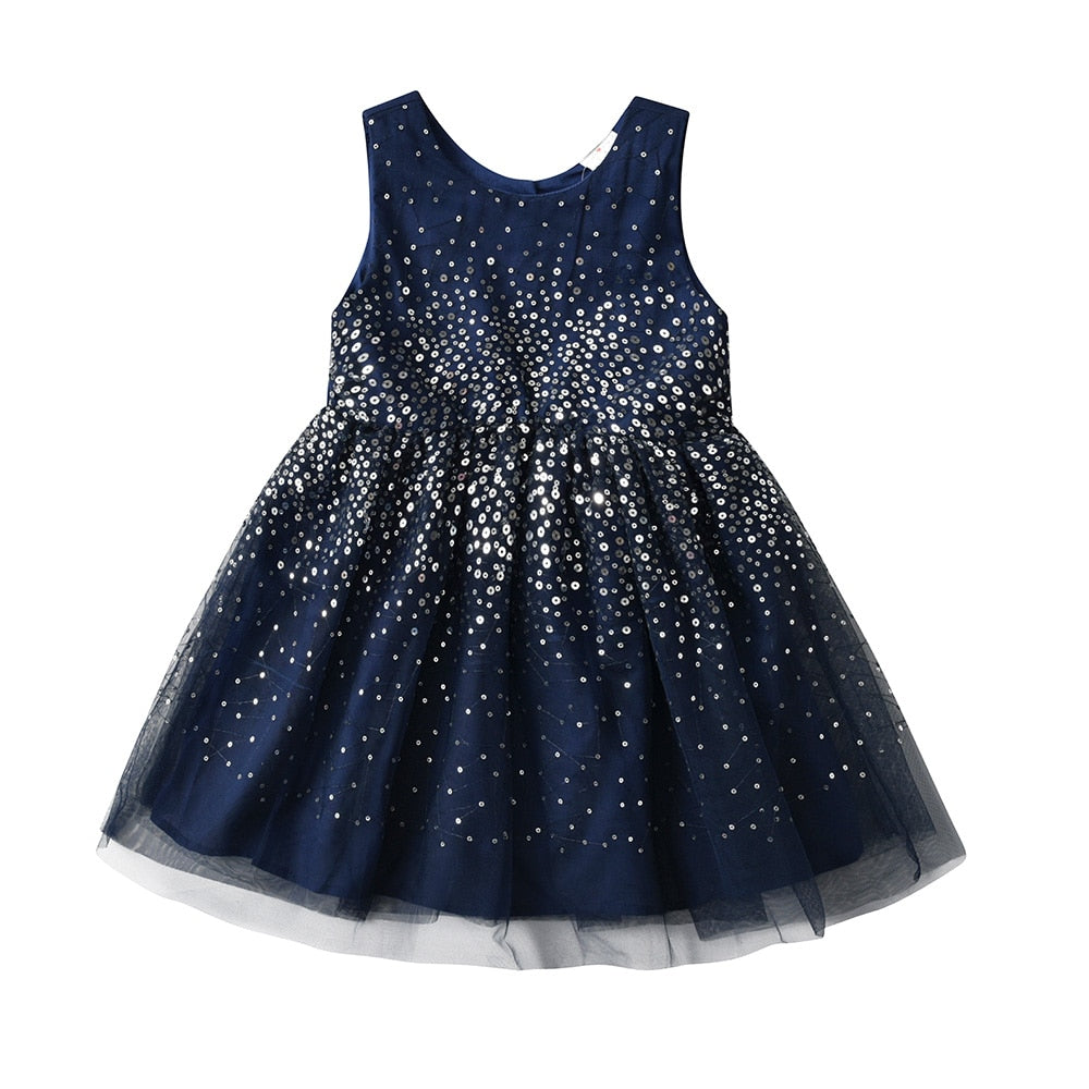 VIKITA Girls Sleeveless Summer Dress Kids Star Sequined Party Shiny Dress Children Mesh Elegant Princess Casual Costumes 3-8Yrs