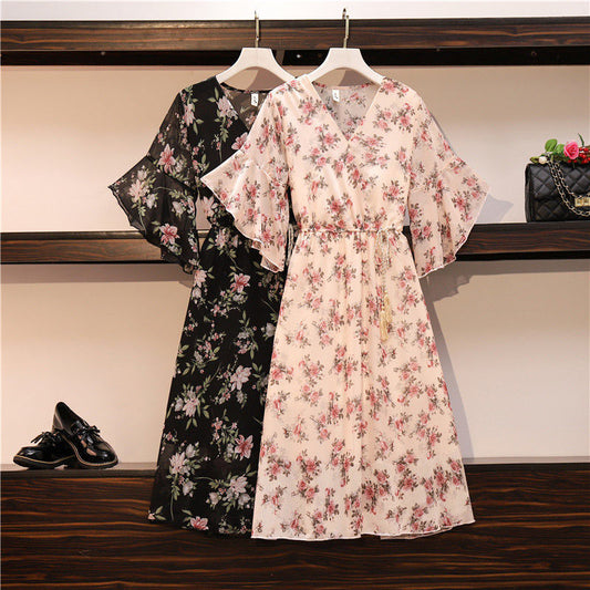 Casual Elegant Floral Loose Black Chiffon Women's Dresses Korean Midi Tunics Summer Light Dress Aesthetic Fashion Vintage Thin