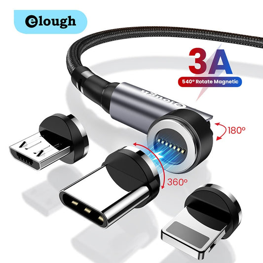 Elough 540 Rotate Magnetic Cable 3A Fast Charging Magnet Charger Micro USB Type C Cable For iPhone Xiaomi Phone Data Wire Cord