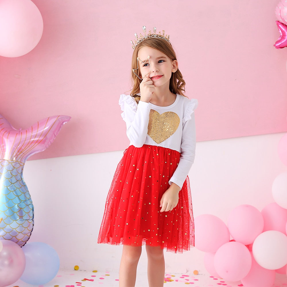 VIKITA Kids Princess Dress Children Heart Design Dress Toddlers Birthday Party Sequins Vestidos Girls Christmas New Year Clothes