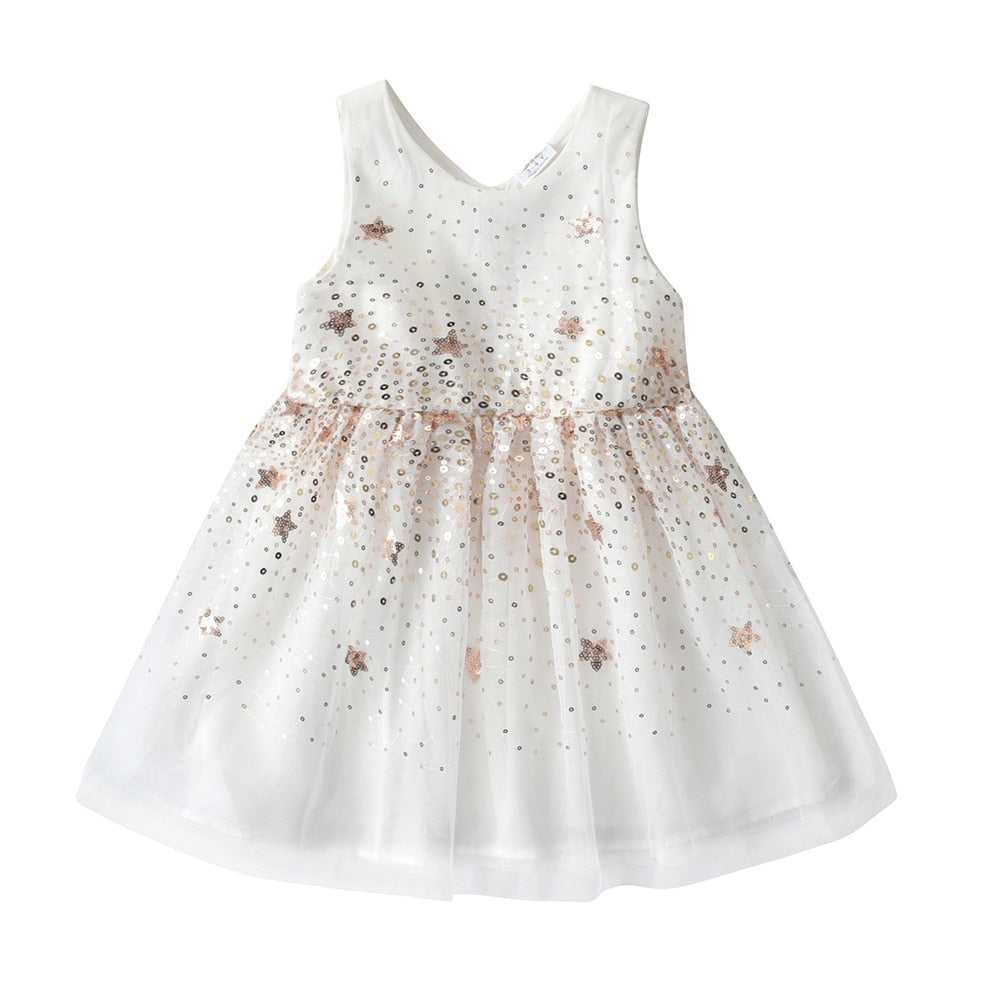 VIKITA Girls Sleeveless Summer Dress Kids Star Sequined Party Shiny Dress Children Mesh Elegant Princess Casual Costumes 3-8Yrs