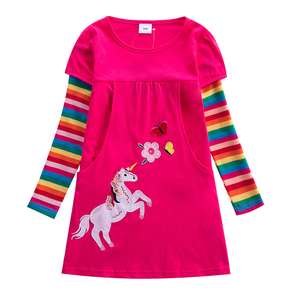 Girls Long Sleeve Unicorn Dress Autumn New Embroidered Cotton Kids Dress Dress Flower Round Neck Dress LH5908