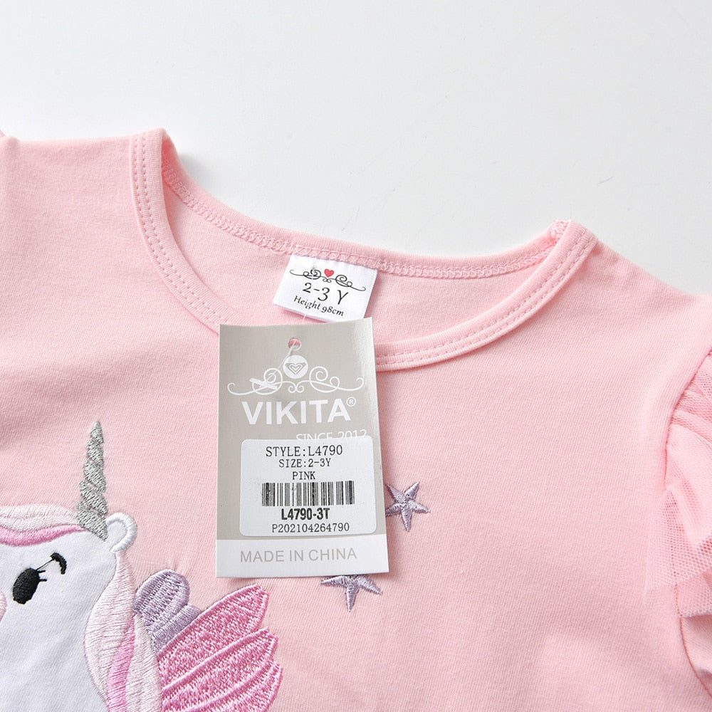 VIKITA Girls Cotton Tees Tops Unicorn Embroidery Long Sleeve T shirts Children Animals Clothing Autumn Spring Cartoon T shirts