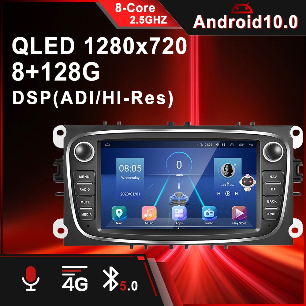 Podofo Car Radio Android 10 8+128GB GPS WIFI 4G For Ford Focus S-Max Mondeo Galaxy C-Max 7 Inch Car Multimedia player Autoradio