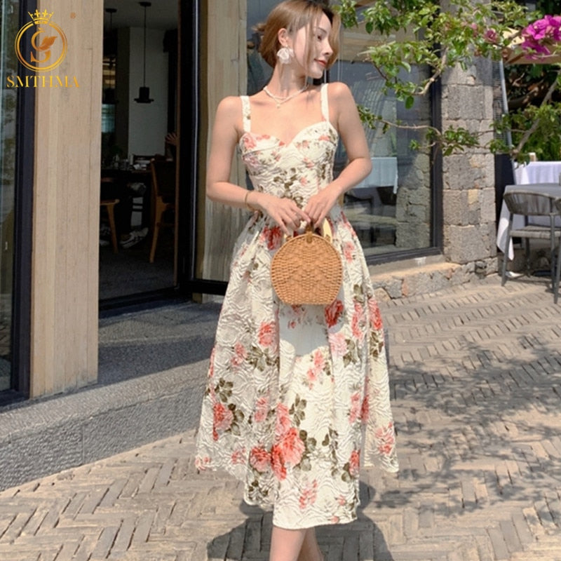 SMTHMA Women Vintage Floral Dress Ladies Sexy Spaghetti Strap Dress Elegant Fashion Chic Spring Summer Jacquard Dresses Vestidos