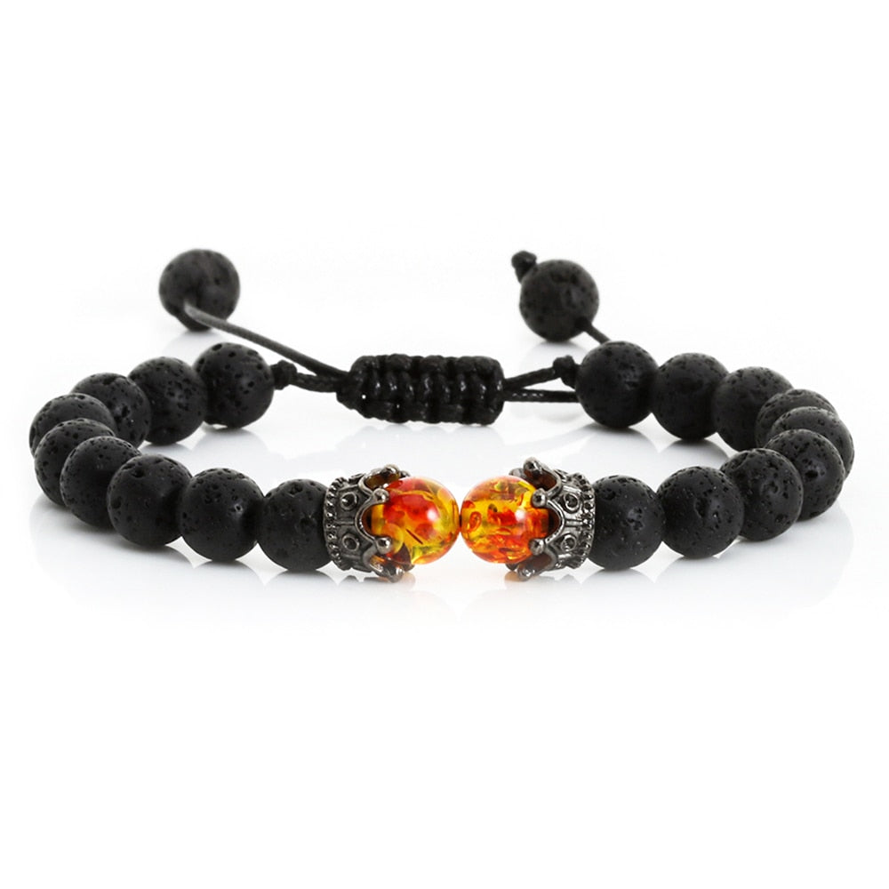 Black Lava Stone Crown Charm Tiger Eye Beads Bracelet For Men Women Braided Bracelets Handmade Adjustable Jewelry Pulseira