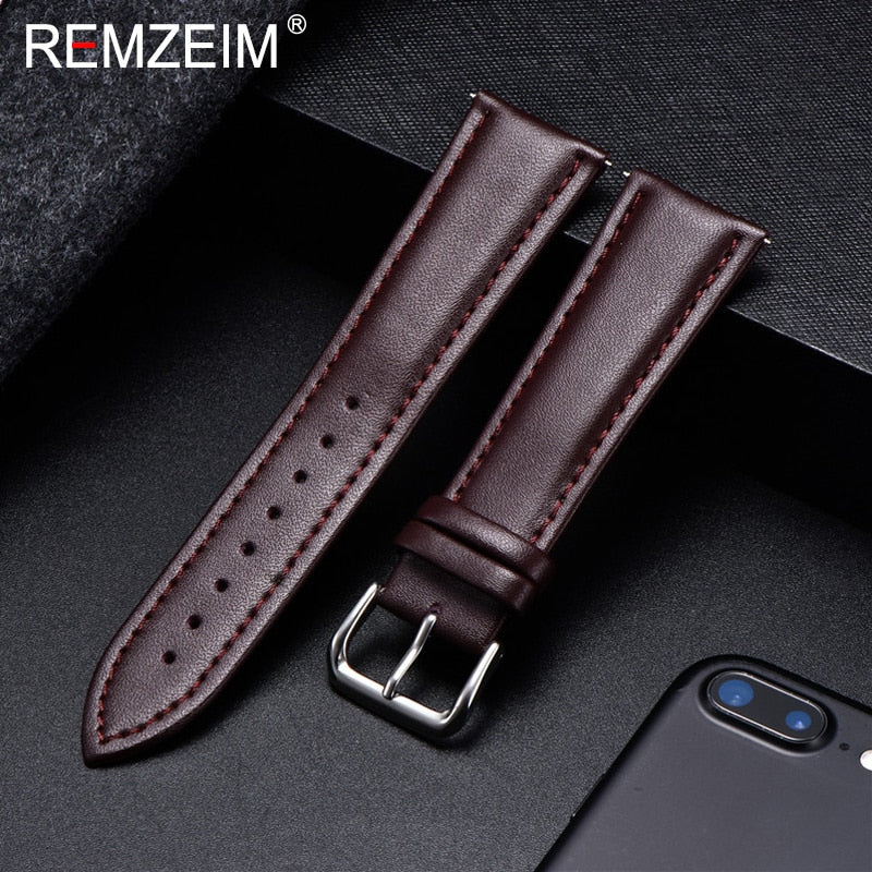 REMZEIM Calfskin Leather Watchband Soft Material Watch Band Wrist Strap 18mm 20mm 22mm 24mm With Silver Stainless Steel Buckle