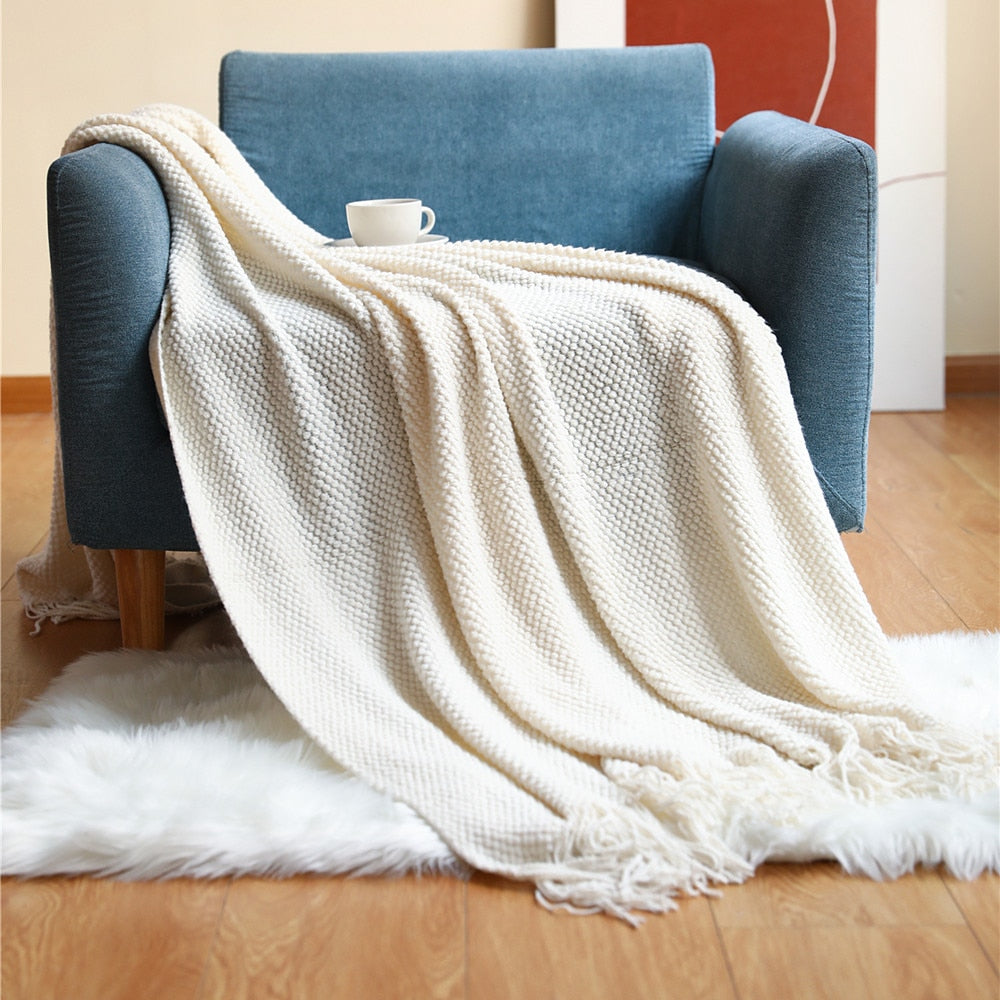 Textile City Home Decorative Thickened Knitted Blanket Corn Grain Waffle Embossed Winter Warm Tassels Throw Bedspread 130x240cm