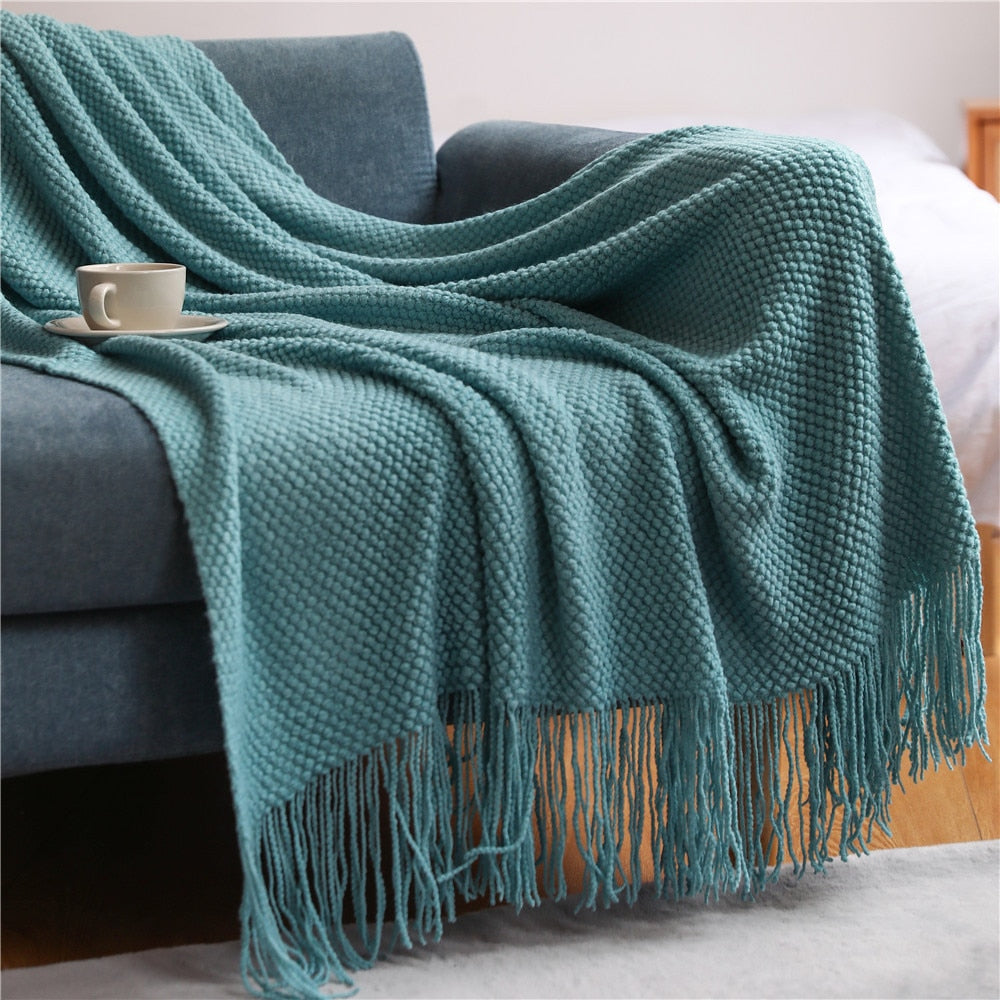 Textile City Home Decorative Thickened Knitted Blanket Corn Grain Waffle Embossed Winter Warm Tassels Throw Bedspread 130x240cm