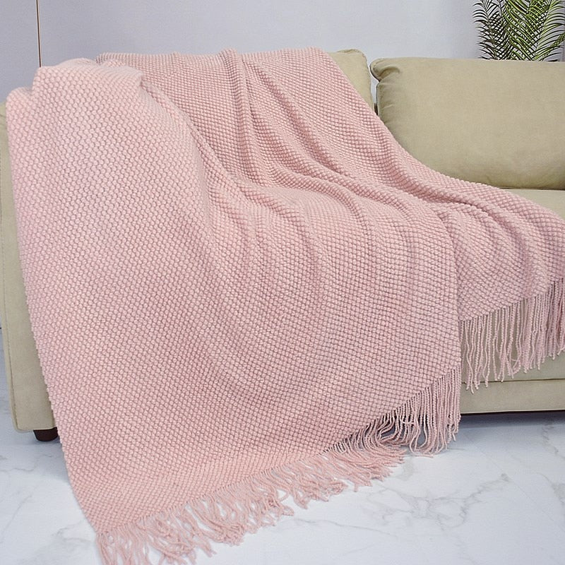 Textile City Home Decorative Thickened Knitted Blanket Corn Grain Waffle Embossed Winter Warm Tassels Throw Bedspread 130x240cm