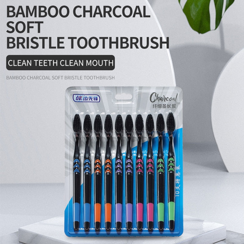 [10 Pieces] Toothbrush Soft Bristle Adult Bamboo Charcoal Household Fine Wool Toothbrush Antibacterial Men and Women Family