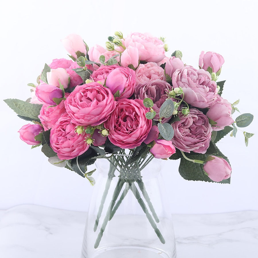 30cm Rose Pink Silk Peony Artificial Flowers Bouquet 5 Big Head and 4 Bud Cheap Fake Flowers for Home Wedding Decoration indoor