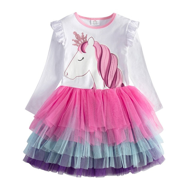 VIKITA Girls Princess Dresses Kids Cartoon Vestidos Children Autumn Dress Kids Dress for Girls Long Sleeve Unicorn Dresses