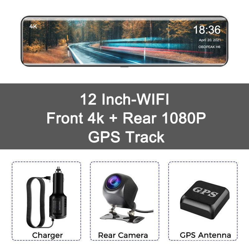 OBDPEAK H6 12" Car DVR 4K 3840*2160P Dash Cam WIFI GPS 415 Rear View Mirror 1080P Car Camera Video Recorder Park Monitor